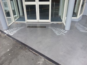 Entrance with Silver ferns and Logo stained into Cretecova concrete resurfacing